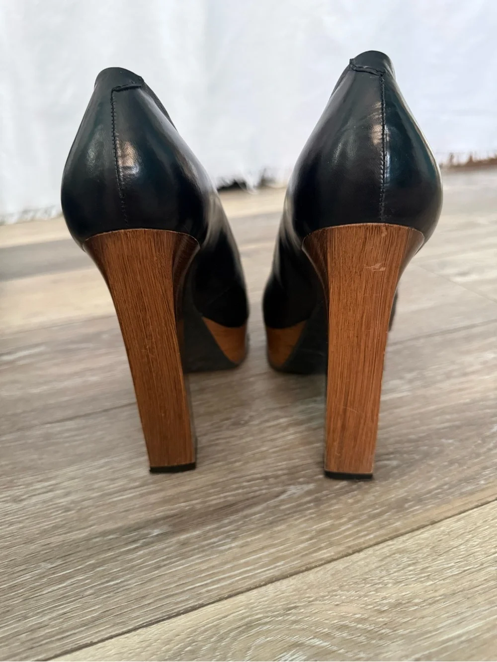 Gianni Bini Black Leather Peep-Toe Pumps with Wood-Effect Platform